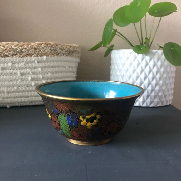 SOLD Vintage Cloisonné Floral Bowl With Brass Edges - Picture 2 of 8